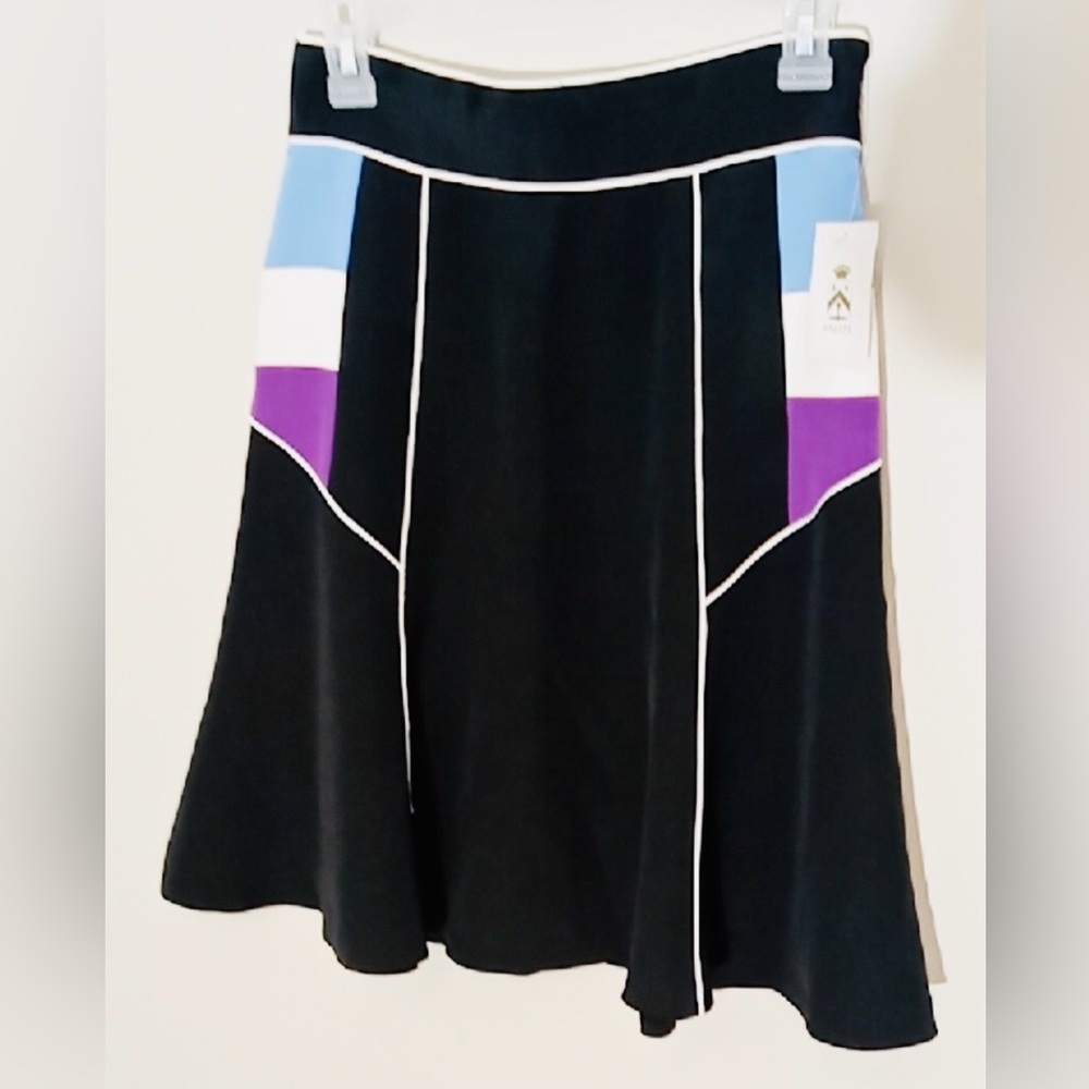 ABAETE Skirt Swing Silk Lycra Lined Blk White Piping Blu Yellow Plum NWT Sz 8